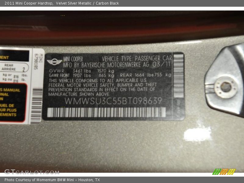 Velvet Silver Metallic / Carbon Black 2011 Mini Cooper Hardtop