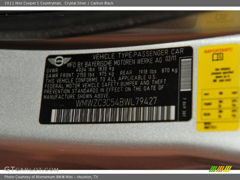Crystal Silver / Carbon Black 2011 Mini Cooper S Countryman
