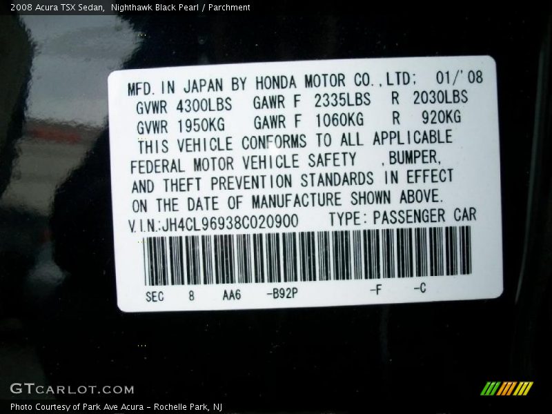 2008 TSX Sedan Nighthawk Black Pearl Color Code B92P