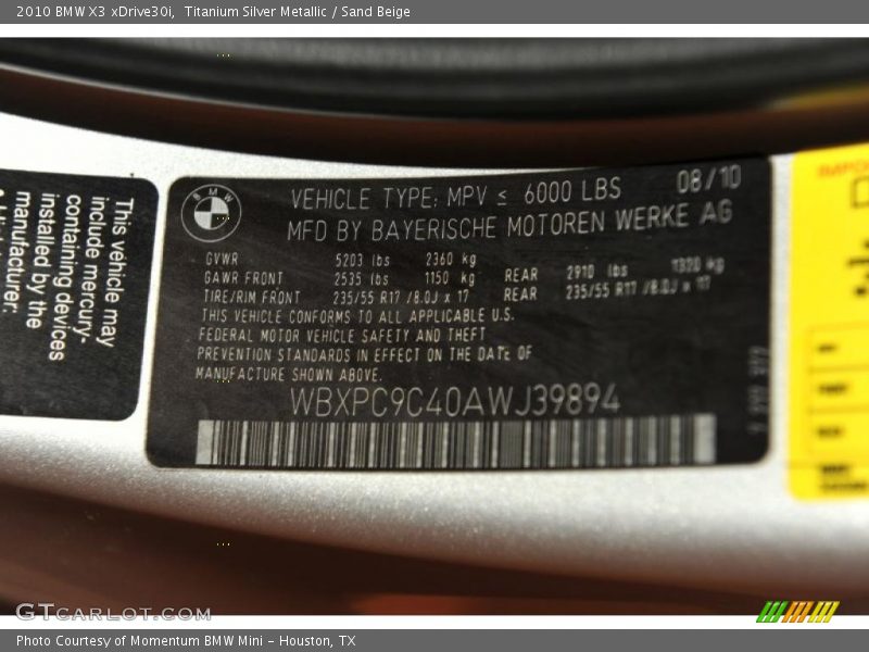 Titanium Silver Metallic / Sand Beige 2010 BMW X3 xDrive30i