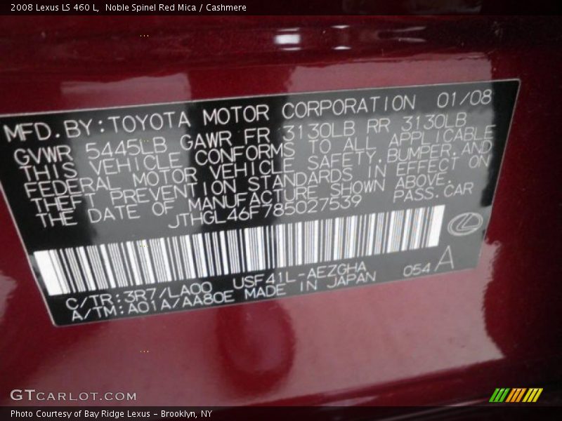 2008 LS 460 L Noble Spinel Red Mica Color Code 3R7