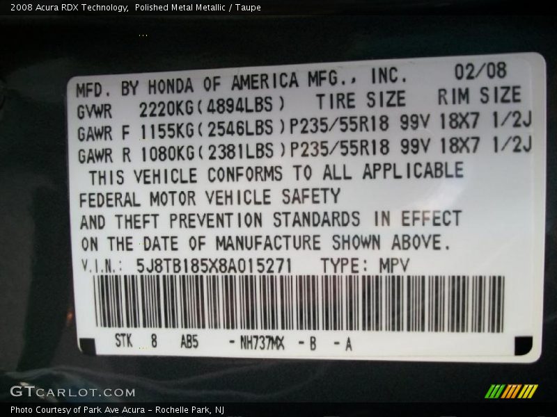 Polished Metal Metallic / Taupe 2008 Acura RDX Technology