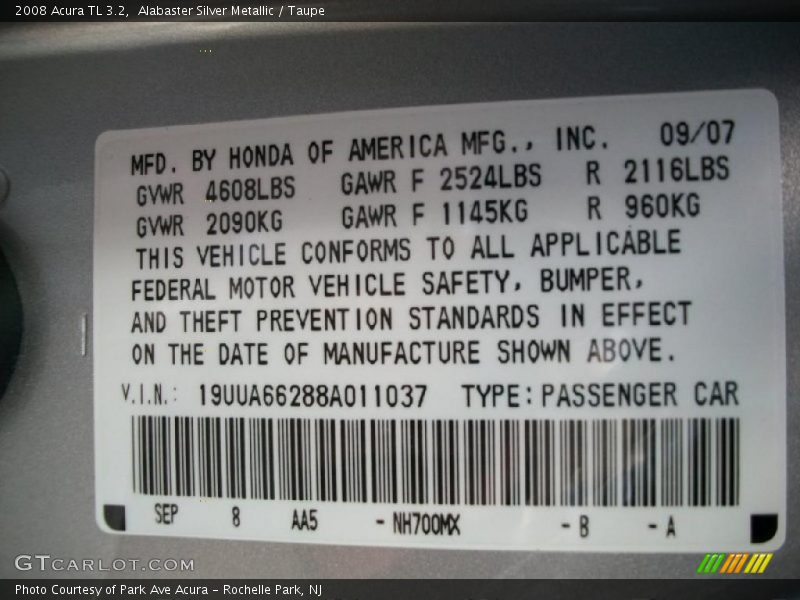 Alabaster Silver Metallic / Taupe 2008 Acura TL 3.2