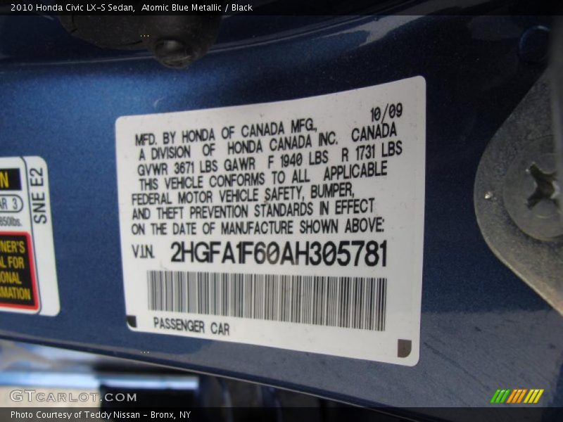 Atomic Blue Metallic / Black 2010 Honda Civic LX-S Sedan