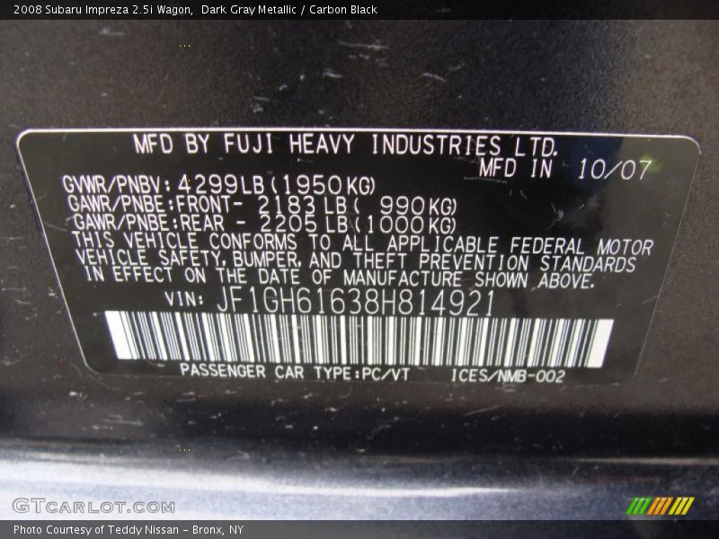 Info Tag of 2008 Impreza 2.5i Wagon