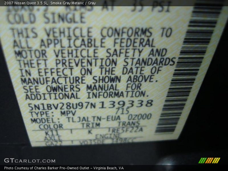 Smoke Gray Metallic / Gray 2007 Nissan Quest 3.5 SL