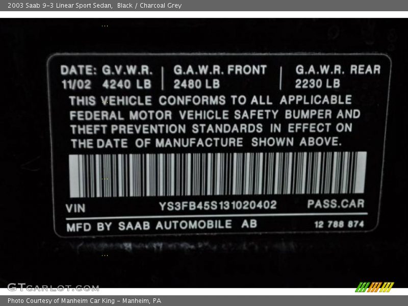 Black / Charcoal Grey 2003 Saab 9-3 Linear Sport Sedan