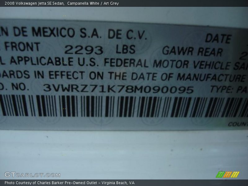 Campanella White / Art Grey 2008 Volkswagen Jetta SE Sedan