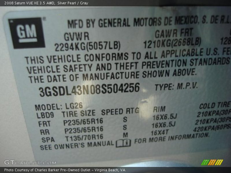 Silver Pearl / Gray 2008 Saturn VUE XE 3.5 AWD
