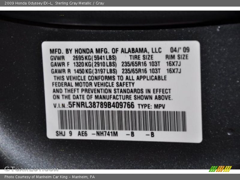Sterling Gray Metallic / Gray 2009 Honda Odyssey EX-L