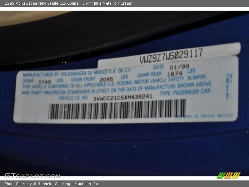 Bright Blue Metallic / Cream 1999 Volkswagen New Beetle GLS Coupe