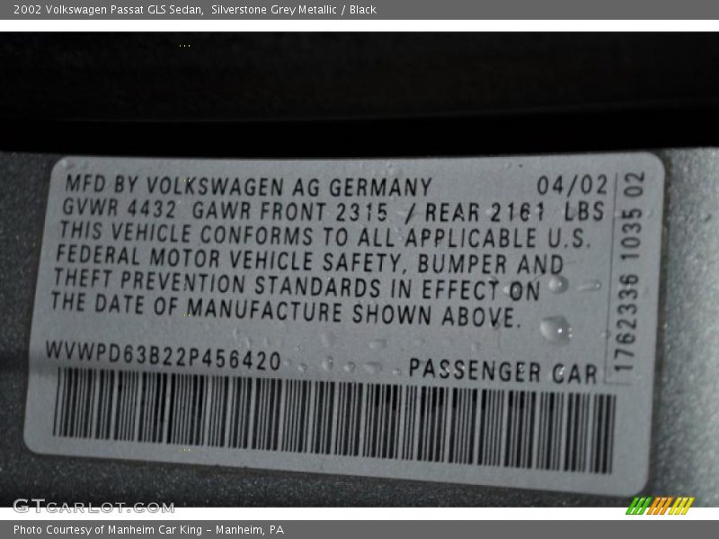 Silverstone Grey Metallic / Black 2002 Volkswagen Passat GLS Sedan