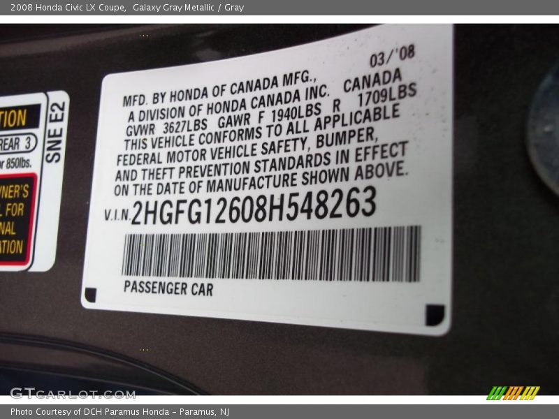 Galaxy Gray Metallic / Gray 2008 Honda Civic LX Coupe