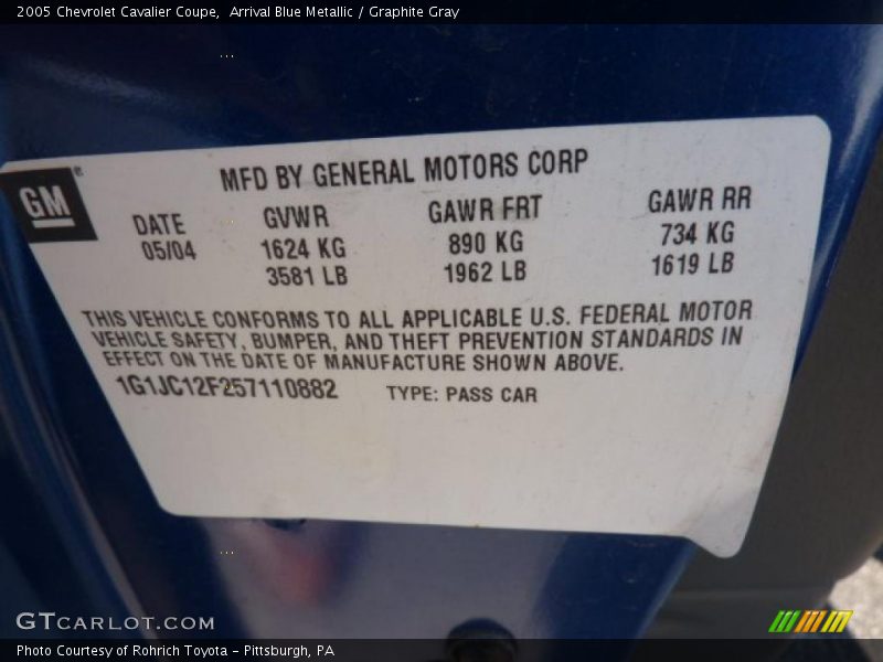 Arrival Blue Metallic / Graphite Gray 2005 Chevrolet Cavalier Coupe