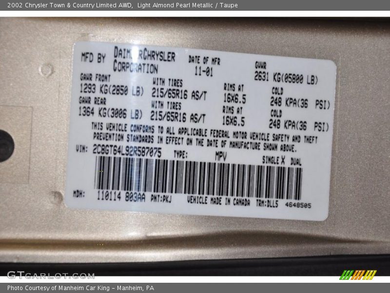 2002 Town & Country Limited AWD Light Almond Pearl Metallic Color Code PKJ