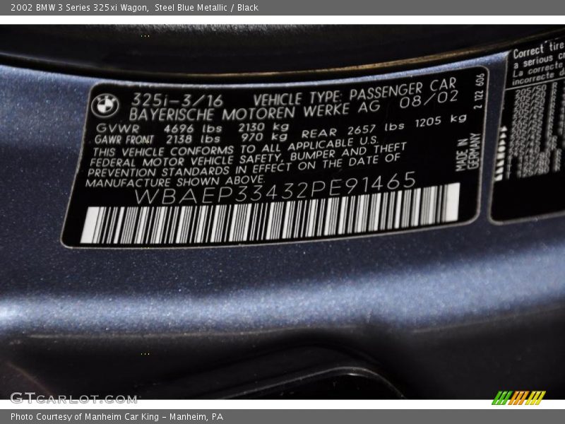Info Tag of 2002 3 Series 325xi Wagon