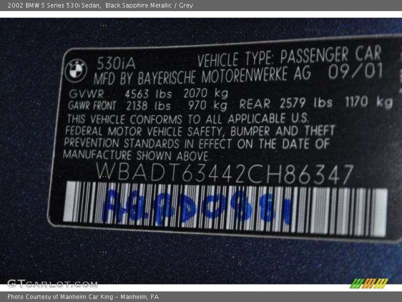 Black Sapphire Metallic / Grey 2002 BMW 5 Series 530i Sedan