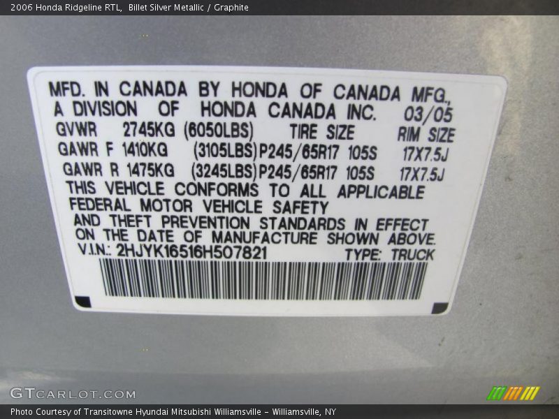 Billet Silver Metallic / Graphite 2006 Honda Ridgeline RTL