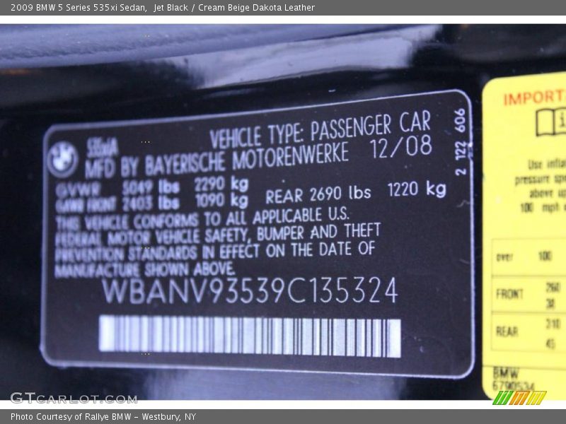Jet Black / Cream Beige Dakota Leather 2009 BMW 5 Series 535xi Sedan