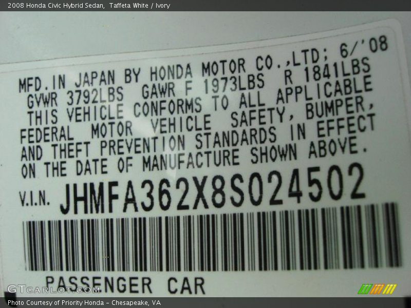 Taffeta White / Ivory 2008 Honda Civic Hybrid Sedan