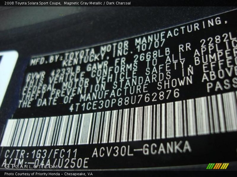 2008 Solara Sport Coupe Magnetic Gray Metallic Color Code 1G3