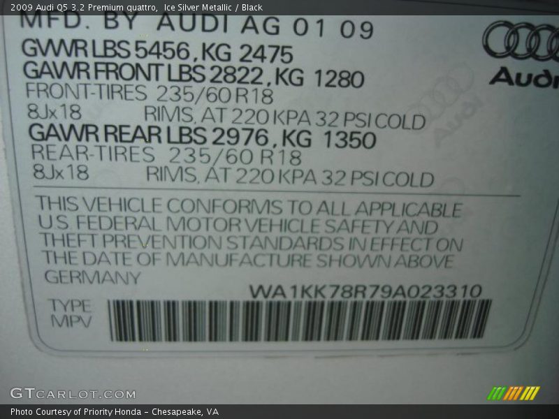 Ice Silver Metallic / Black 2009 Audi Q5 3.2 Premium quattro