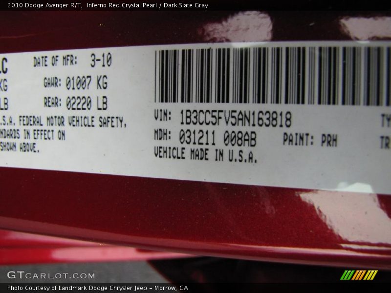 2010 Avenger R/T Inferno Red Crystal Pearl Color Code PRH
