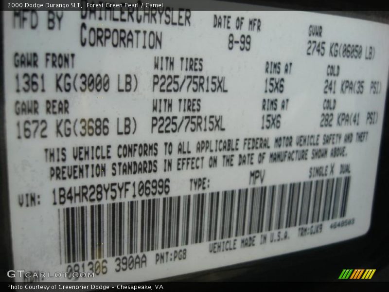 Forest Green Pearl / Camel 2000 Dodge Durango SLT