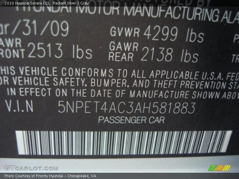 Radiant Silver / Gray 2010 Hyundai Sonata GLS