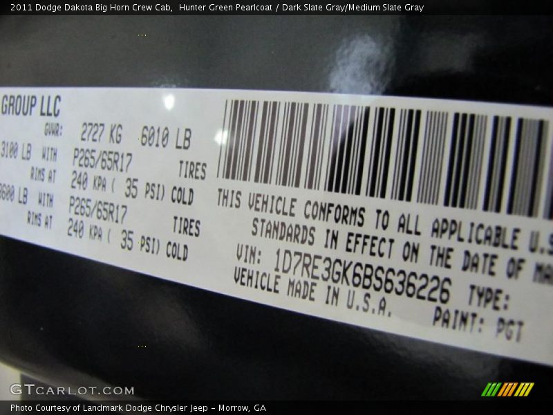 Hunter Green Pearlcoat / Dark Slate Gray/Medium Slate Gray 2011 Dodge Dakota Big Horn Crew Cab