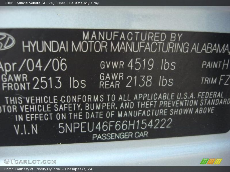 Silver Blue Metallic / Gray 2006 Hyundai Sonata GLS V6