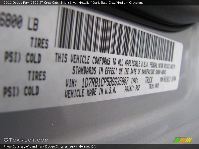 Bright Silver Metallic / Dark Slate Gray/Medium Graystone 2011 Dodge Ram 1500 ST Crew Cab