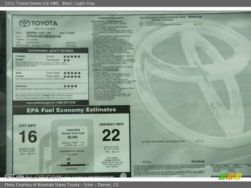 Black / Light Gray 2011 Toyota Sienna XLE AWD