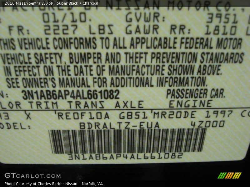 Super Black / Charcoal 2010 Nissan Sentra 2.0 SR