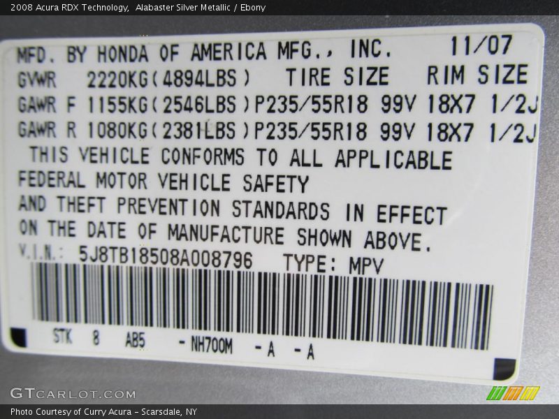 Alabaster Silver Metallic / Ebony 2008 Acura RDX Technology
