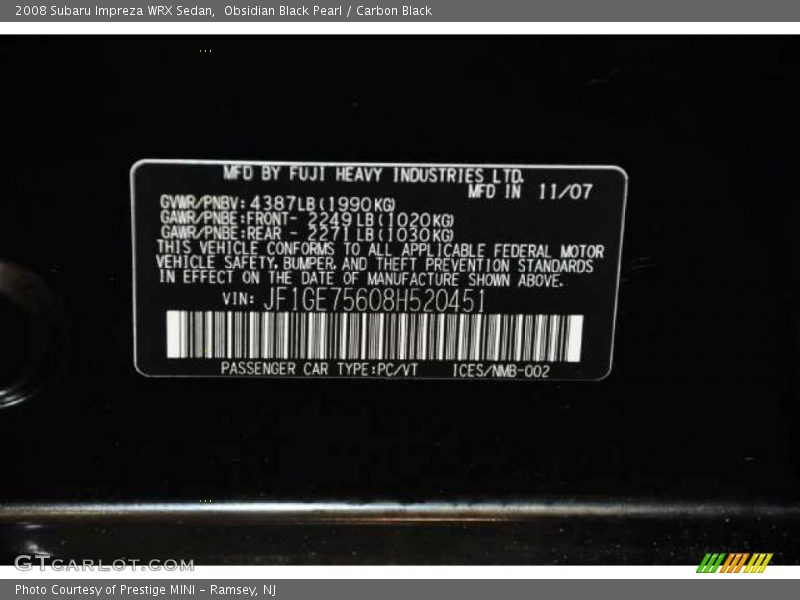 Info Tag of 2008 Impreza WRX Sedan