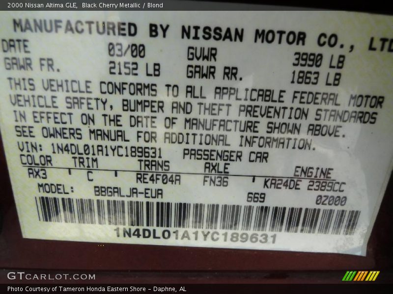 2000 Altima GLE Black Cherry Metallic Color Code AX3