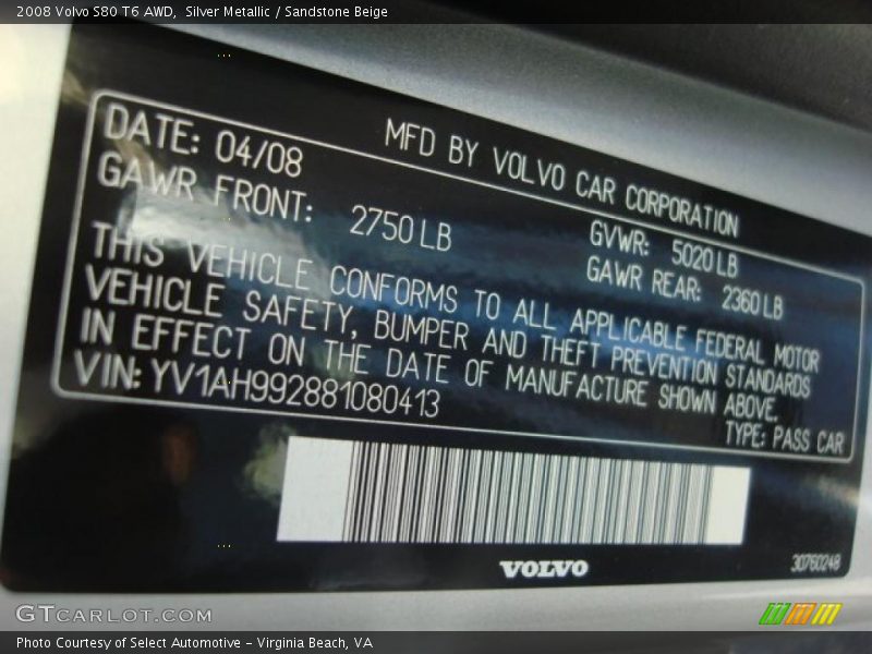 Silver Metallic / Sandstone Beige 2008 Volvo S80 T6 AWD