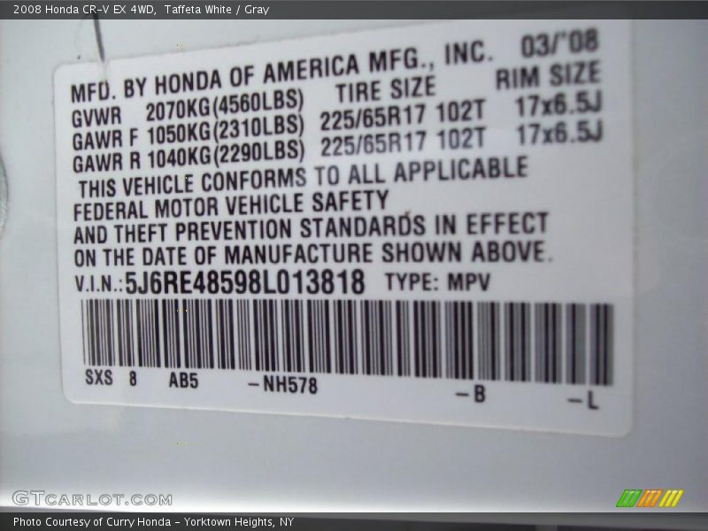 Taffeta White / Gray 2008 Honda CR-V EX 4WD