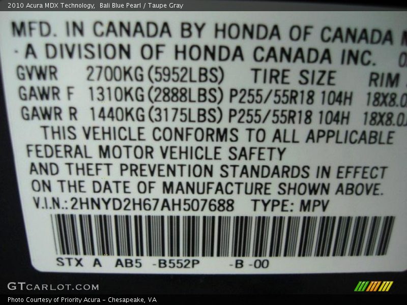2010 MDX Technology Bali Blue Pearl Color Code B552P