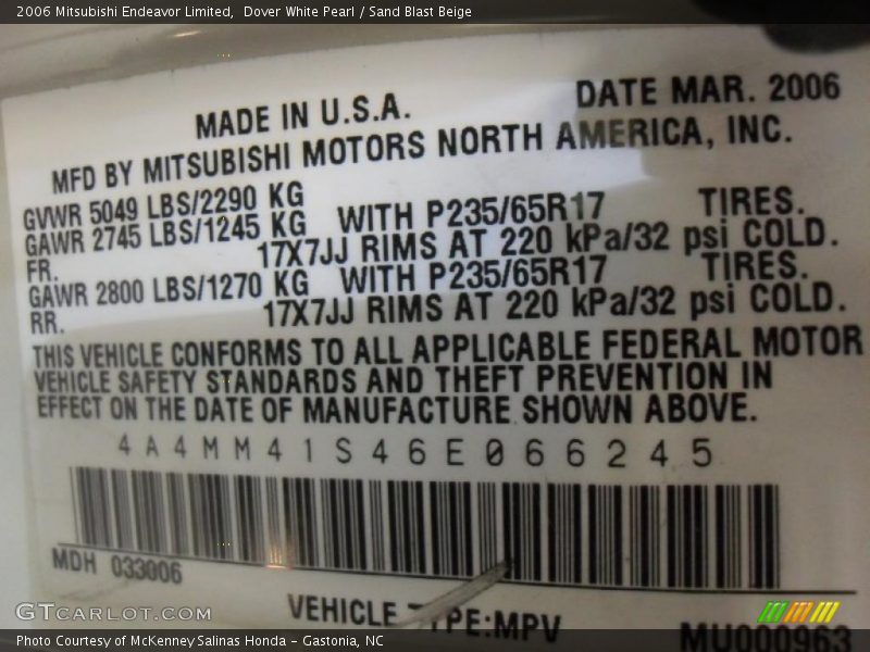 Dover White Pearl / Sand Blast Beige 2006 Mitsubishi Endeavor Limited