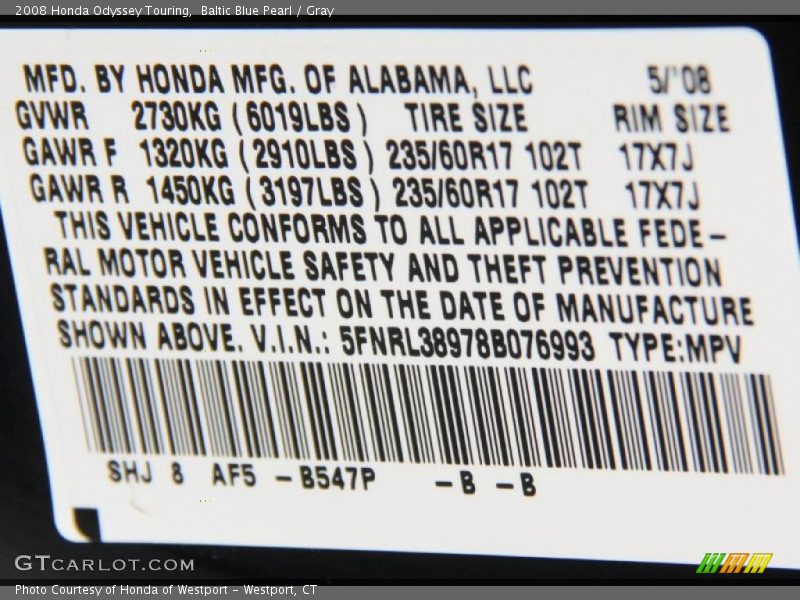 2008 Odyssey Touring Baltic Blue Pearl Color Code B547P