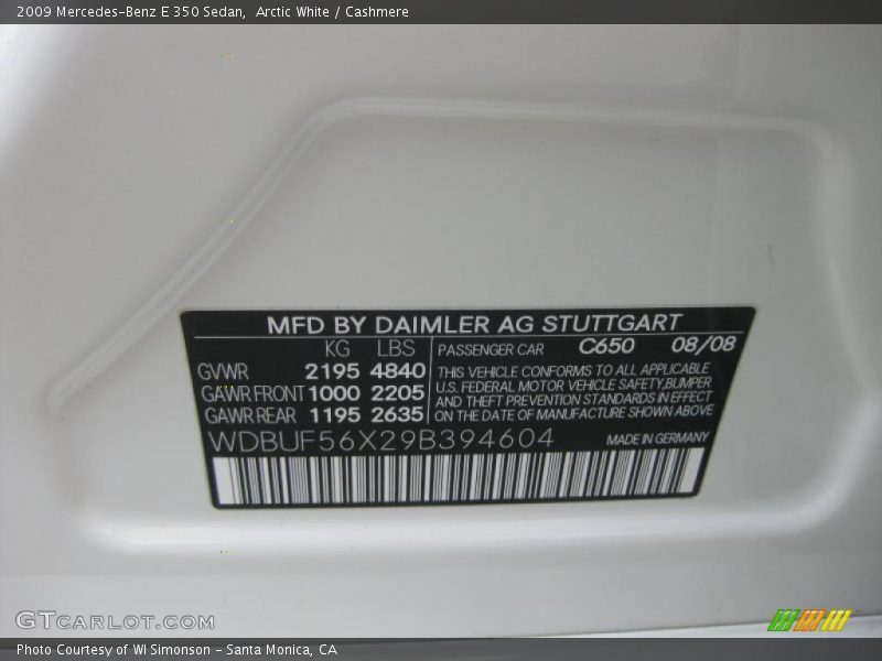 Arctic White / Cashmere 2009 Mercedes-Benz E 350 Sedan