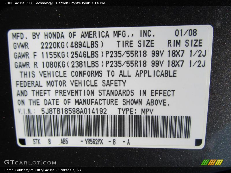 Carbon Bronze Pearl / Taupe 2008 Acura RDX Technology