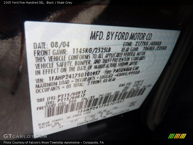 Black / Shale Grey 2005 Ford Five Hundred SEL