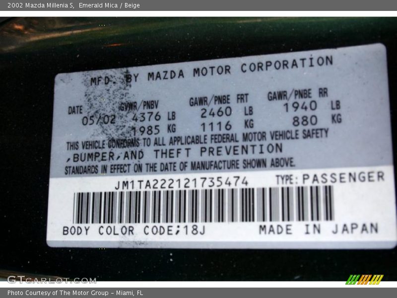 2002 Millenia S Emerald Mica Color Code 18J
