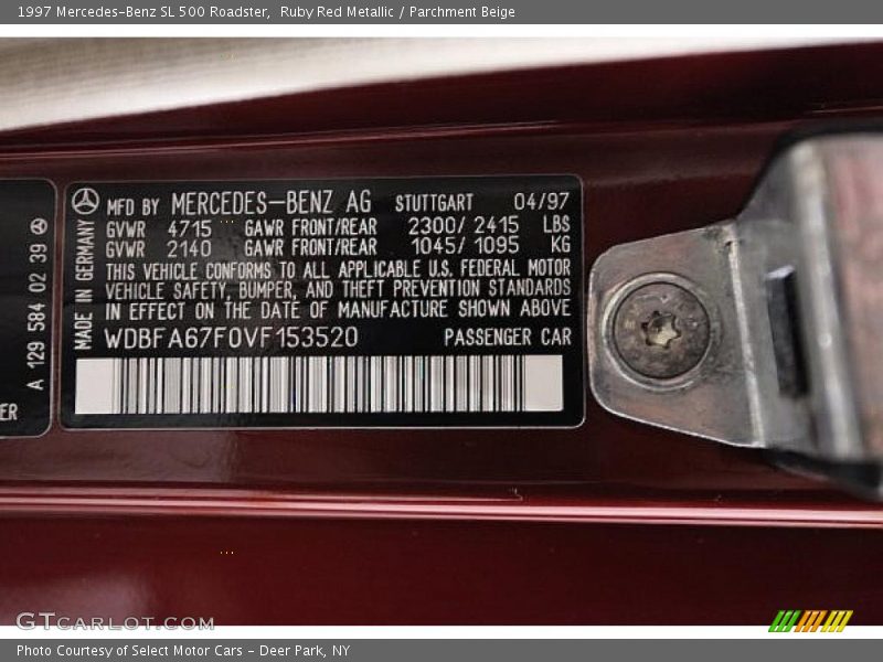 Info Tag of 1997 SL 500 Roadster