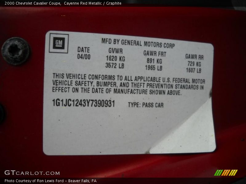 Cayenne Red Metallic / Graphite 2000 Chevrolet Cavalier Coupe