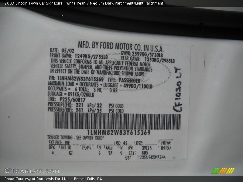 2003 Town Car Signature White Pearl Color Code WF