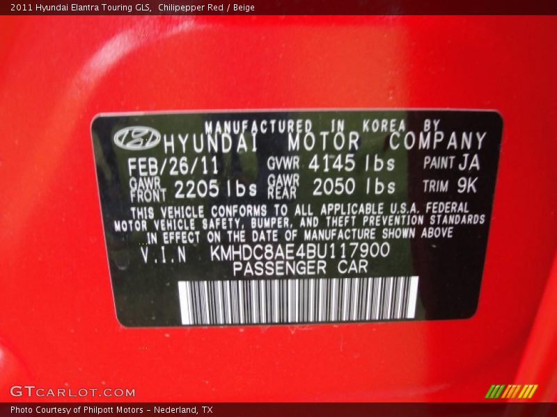 2011 Elantra Touring GLS Chilipepper Red Color Code JA